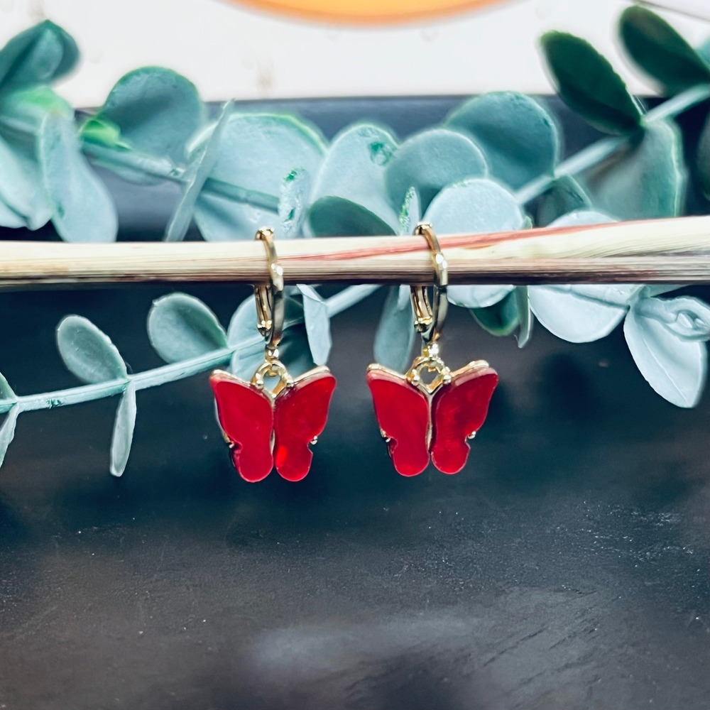 Red Butterfly Earrings‎ Gold Plated | 14K Yellow Gold Plated Resin Dangle Hoops